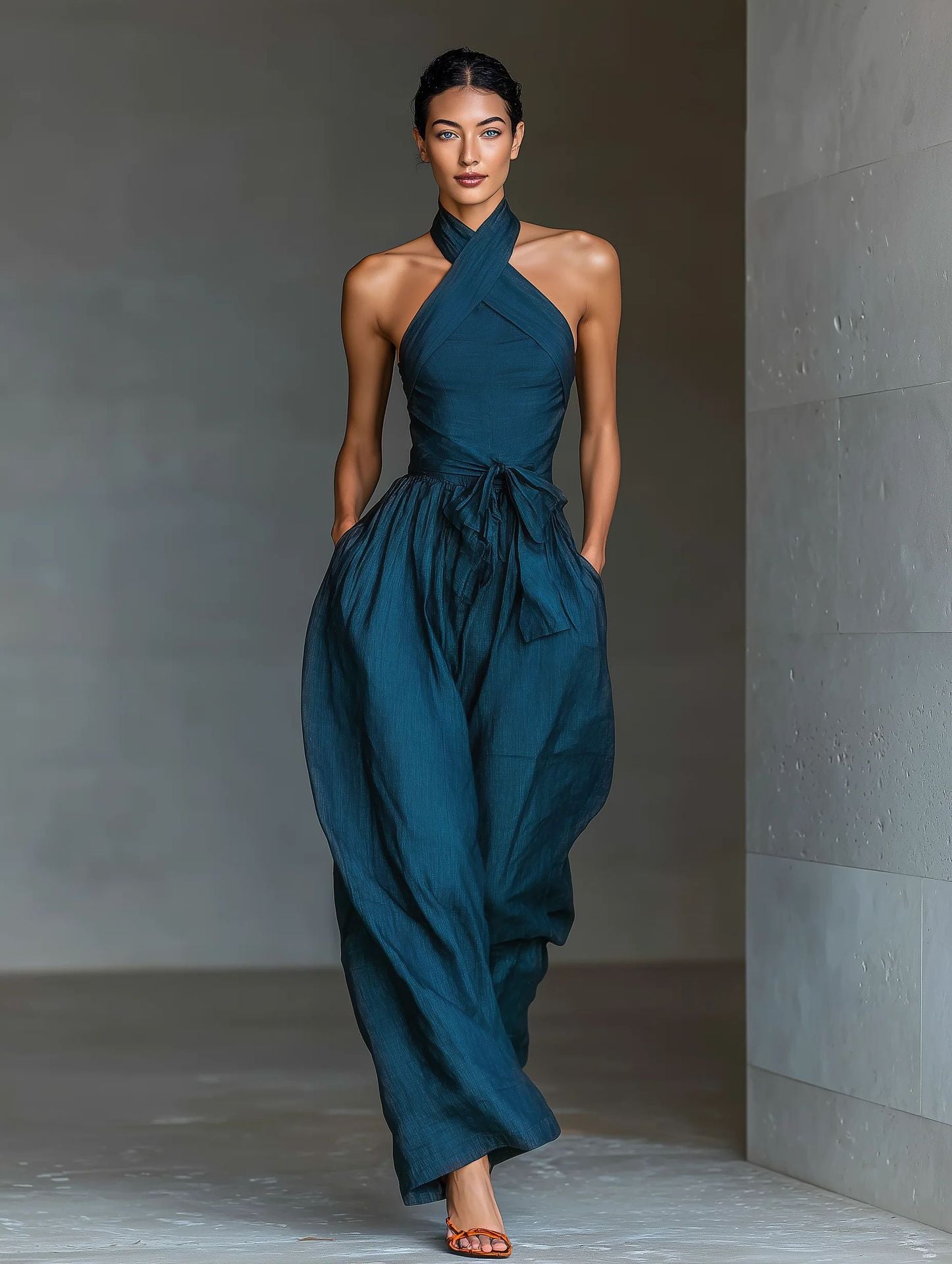 Ivory Halter Tie-Waist Wide-Leg Jumpsuit