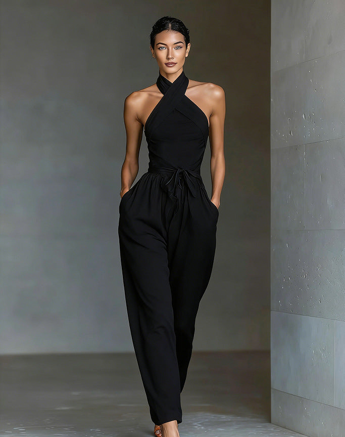 Ivory Halter Tie-Waist Wide-Leg Jumpsuit